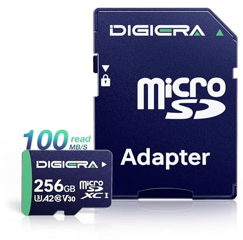 DIGIERA 256 GB CT100 microSDXC UHS-I-minneskort med adapter – upp till 100 MB/s, C10, U3, V30, 4K UHD, A2, Micro SD-kort för smartphones, surfplattor, kameror, spelkonsoler och drönare (1-pack)