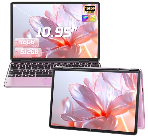 Amita 10.95’’ Pink 2-in-1 Touchscreen Laptop, FHD 1920x1200 IPS Display, 12th Gen N100 Processor, 16GB DDR4 RAM, 512GB M.2 SSD, 360° Flip Design, Portable Business Notebook for Students (Pink, 512GB)