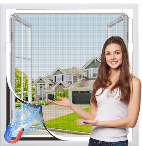 MLEJU Fliegengitter Fenster Magnet, Max 130 x 130 cm, Reißfestes Fiberglasgewebe, Insektenschutz Fenster Einfache Montage ohne Bohren, Magnet Rahmen für Fliegengitter Fenster-Weißer Rahmen graues Netz