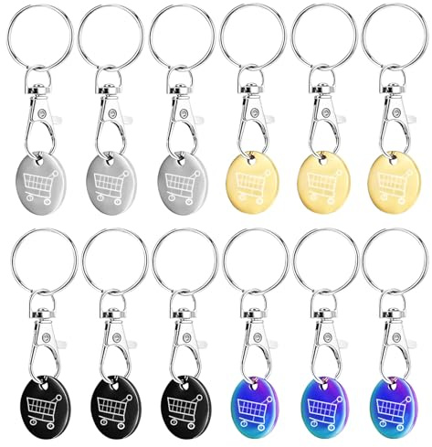 Diyxisk 12 Pcs Trolley Token Shopping Trolley Token Stainless Steel Material Trolley Coin Keyring Removable Chip Keychain 4 Colors for Supermarket Shopping Cart Trolley