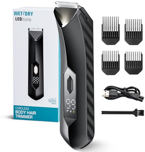 Männer-Körperhaartrimmer, Wiederaufladbarer Elektrischer Körperrasierer für Brust/Rücken/Beine, Wasserdicht für Nass-/Trockenrasur, 4 Begrenzungskämme, Keramikklingen-Scherenschneider mit Reisesperre