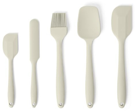 Amazon Basics Espátulas de Silicona, Juego de 5 Piezas, Libre de BPA, Resistentes al Calor y Aptas para Lavavajillas, Gris Lino
