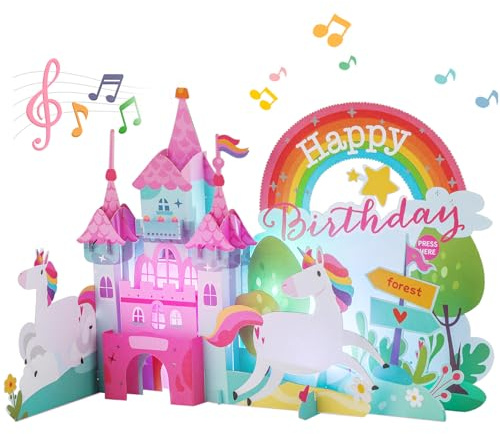 Aukuoy Einhorn Geburtstagskarte, Musikalische Geburtstagskarte von bunten Einhorn mit niedlichen Umschlag, 3D Pop-Up Geburtstagskarte für Mädchen Kinder Tochter Schwester