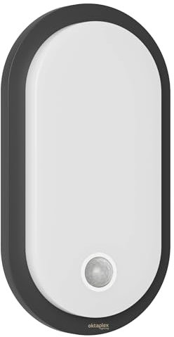 Oktaplex Plato Lampada da esterno con sensore di movimento e interruttore luce fissa, 3000 K, luce bianca calda, 1010 lm, IP65, lampada da parete ovale, antracite, 10,5 W, 230 V