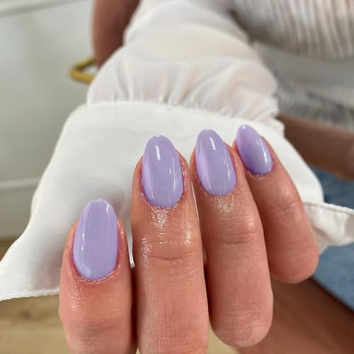 KQueenest Light Purple Press on Nails Short Oval, Short False Nails Almond, Glossy Solid Round Fake Nails Set, Reusable Lilac Natural Gel Stick on Nail for Women Finger Daily Wear 24 Pcs