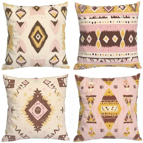 Geometrie Kissenbezug 80x80 cm, Outdoor Kissen Rosa Muster Design, 4er Set Doppelseitig HD Drucken Wetterfest Leinen Kissenbezüge mit Unsichtbarem Reißverschluss für Outdoor Deko Kissen Aesthetic