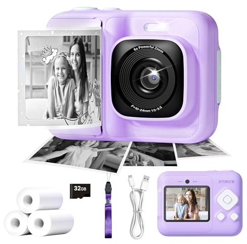ETIKEZ Kids Camera, 1080P Instant Digital Print Camera for Kids, Christmas Birthday Gifts for 4 5 6 7 8 9 10 Year Old Girls Boys, Portable Toy with 32GB SD Card & 3 Rolls Printing Paper, Purple