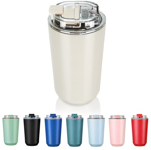 Puraville Insulated Tumblers with Lid, 14 oz Travel Coffee Mug Stainless Steel Vacuum Cup, Leak Proof Reusable Double Walled Coffee Tumbler for Iced and Hot Drinks, Cream