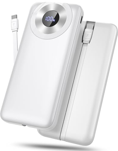 Power Bank 10000mAh, Caricatore Portatile Ultra Sottile con Cavo USB-C Integrato, 5V/3A Ricarica Rapida Batteria Portatile, Batteria Esterna con 4 Uscite e 2 ingressi per iPhone 16/15 Samsung Huawei