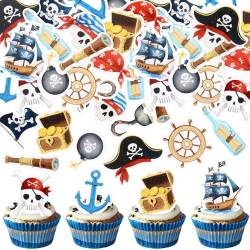 Blumomon 52Pcs Pre-Cut Edible Pirate Cupcake Toppers Pirate Theme Cupcake Decorations Kid Cupcake Picks for Birthday Party Baby Shower Supplies