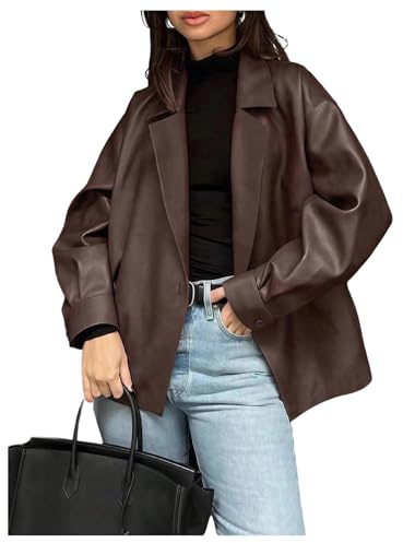 SHENHE Women's Faux Leather Lapel Collar Blazer Open Front Oversized Business Work Jacket Blazer Brown Medium