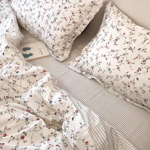 Bettwäsche 155x220 Bunt Blumen Gestreift Bettbezug und Kissenbezug 80x80 | Bettwäsche Set, Blumen Vintage, Streifen, Blumenmuster, Botanisch, Pflanzenmuster, Aesthetic, Microfaser, Reißverschluss