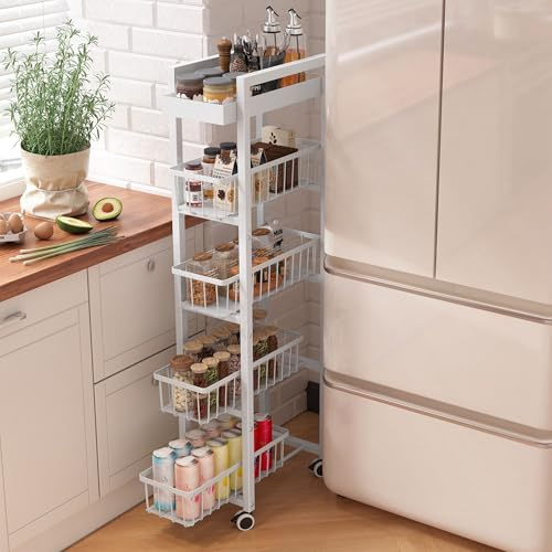 Ornestia Carro de Cocina de 5 Niveles, Carro Estrecho con Ruedas, Carro para Huecos, Carro de Servicio con Ruedas para Cocinas, BañOs, Lavaderos, Dormitorios Y Otras Habitaciones PequeñAs (Blanco)