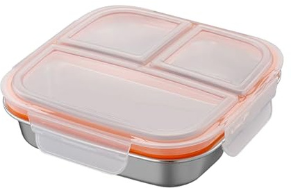 Kustimantu Fiambrera de acero inoxidable para niños, 600 ml, a prueba de fugas, de acero inoxidable, 3 compartimentos, fiambreras y recipientes de almacenamiento, para camping, picnic, senderismo