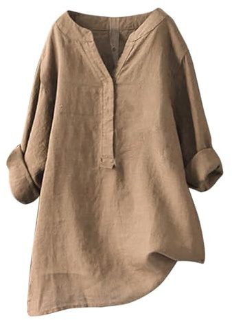 Womens Tunic Tops Linen Tops for Women UK Summer Button Down Blouses Ladies Tee Shirts Plus Size Casual V Neck Loose T-Shirt Tunic Top Oversized Coffee