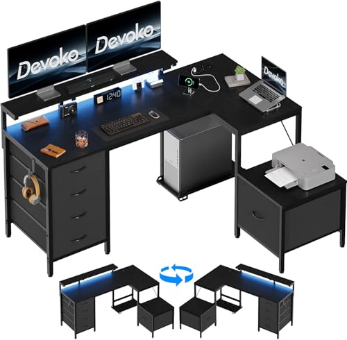 Devoko L-förm Schreibtisch mit 5 Stoff Schubladen,160x120cm Schwarz | Umkehrbarer Eckschreibtisch mit Großer Stauraum,Integrierte Steckdosen, Monitorständer & LED-Beleuchtung