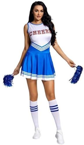 WSQHAO Cheerleading-uniform, ärmlös, danskostym, cheerleader-outfit för vuxna, rund hals, klänning med bokstavstryck, blommor och strumpor för kvinnor (blå, XL)