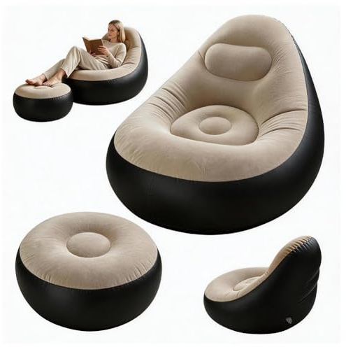 JJZENKD Aufblasbares Sofa mit Fußhocker, Aufblasbarer Sitzsack, Aufblasbares Stuhl Sofa, Luftsofa Aufblasbarer Lounge Sessel, Tragbare Aufblasbarer Stuhl für Wohnzimmer, Schlafzimmer, Garten (Kaffee)