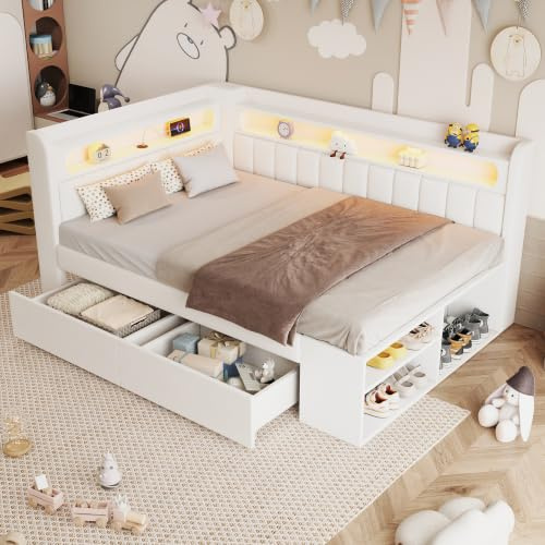 Merax Kinderbett 90x200 cm Tagesbett mit gepolstertem Kopfteil, LED-Ablagefach, Multifunktionsbett mit Schuhschrank, USB-Steckdose und 2 Schubladen, Holzbett mit Lattenrost (Ohne Matratze), Weiß