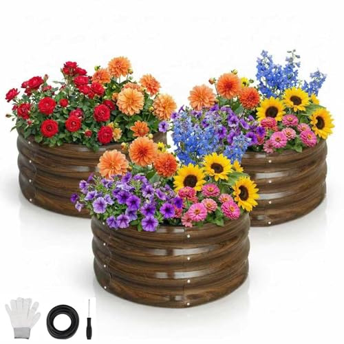 SnugNiture Galvanized Raised Garden Bed, 60x60x30cm, Round, Brown | Metal Planter Box ；for Vegetables, Flowers & Herbs, Brown