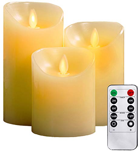 YIWER LED Kerzen,Flammenlose Kerzen 4/5/6inch Set aus 3 Echtwachs mit realistischen tanzenden LED Flammen und 10-Tasten Fernbedienung mit 2/4/6/8-Stunden Timer,300+ StundenYIWER (Elfenbein, 3×1)