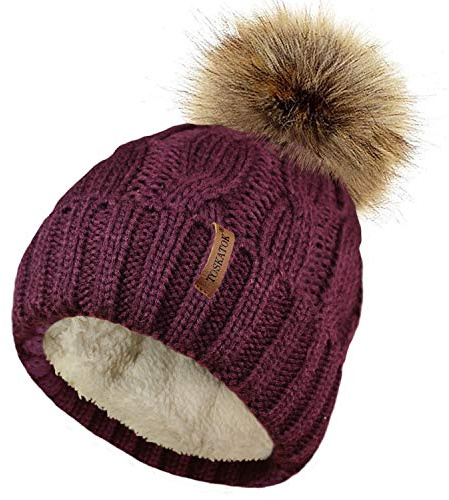 TOSKATOK Damen Chunky weichen Kabel Stricken Hut mit gemütlichem Fleecefutter und abnehmbarem Kunstpelz Pompom