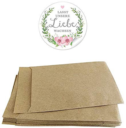 Blütensamen Tüten Set 24 Flachbeutel BRAUN 63 x 93 mm + 24 Sticker LASST UNSERE LIEBE WACHSEN ROSA GRÜN KRANZ 4cm matt rund Samen Gastgeschenke Tischdeko Hochzeit Geburtstag Taufe Geburt