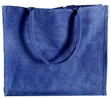 (Pack of 12) Jute/Burlap Tote Bags Soft Cotton Handles Laminated Interior (Large, Navy)