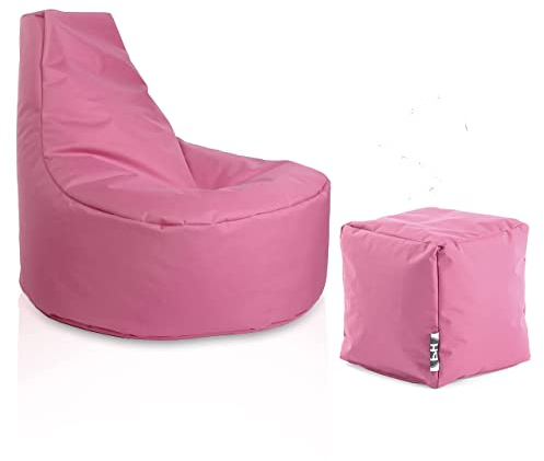 PATCH HOME Gamer Sessel Sitzsack inkl. Würfel Bean Bag Set Ø80cm, 30cm Sitzhöhe, 90cm Höhe + 35x35cm Würfel Altrosa