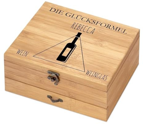 Maverton Weinöffner-Set personalisiert Weinset Sommelier Set - Geschenkbox Holzbox + 8er Weinzubehörset - aus Bambus - Braun - Geschenk zum Geburtstag für Frauen - Glücksformel