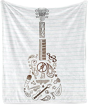 Ambesonne Music Throw Blanket, Instruments Microphone Tambourine Volume Symbol Trumpet Notebook Print, Flannel Fleece Accent Piece Soft Couch Cover for Adults, 60 x 80, White Chocolate