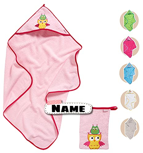 Stickling Baby Kapuzenhandtuch Set mit Waschlappen | Baby Handtuch Kapuzenbadetuch 75 x 75 cm | personalisiert mit Name | Baby Badetuch Bestickt mit Namen | Jungen Mädchen (Rosa Eule)