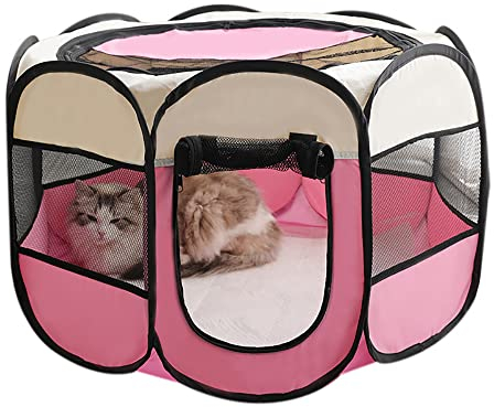 Wasserdichter Faltbarer Laufstall für Haustiere oder außen, Tierlaufstall für Hunde Katzen Leichter Stoff-Haustierzelt-Zaun mit Amungsaktivem Mesh-Haustierzwinger -Rosa-M