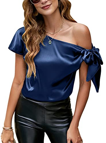 VIDUSSA Camicetta da donna con spalle scoperte, in seta, casual, a maniche corte, con scollo asimmetrico, in raso, blu navy, XXL