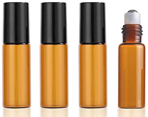 4 piezas 5ml Botellas de vidrio ámbar con bola de metal de acero inoxidable, Botella de aceite esencial Roll-on para aceite esencial, Frasco Perfume Recargable