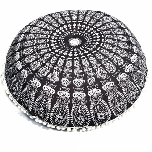 Cyrank Bodenkissenbezug aus Baumwolle, Hippie, dekorativer böhmischer Bodenkissenbezug, runder Kissenbezug aus Baumwolle, 80 cm, komfortable Dekorative Kissenabdeckung(Schwarz)