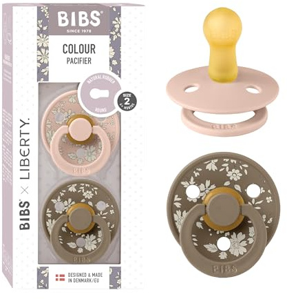 BIBS Liberty Dummies | 2 Colour Natural Rubber Latex Soothers | BPA Free Dummy | Round Nipple Pacifier | Designed & Made in Denmark | Capel Blush | Size 2 | 6+ Months