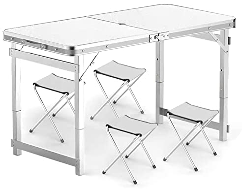 Höhenverstellbarer Camping-Klapptisch, Leichter Outdoor-Campingtisch, zusammenklappbare Picknicktische mit 4 zusammenklappbaren Hockern für Hinterhöfe, Grillparty, Camping-Organizer (Farbe: Weiß)