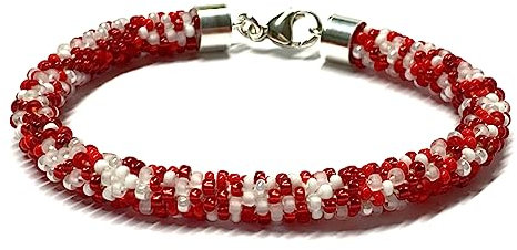 Armband 925 Silber Verschluß Glasperlen Häkelkette weiß rot Handarbeit 20cm