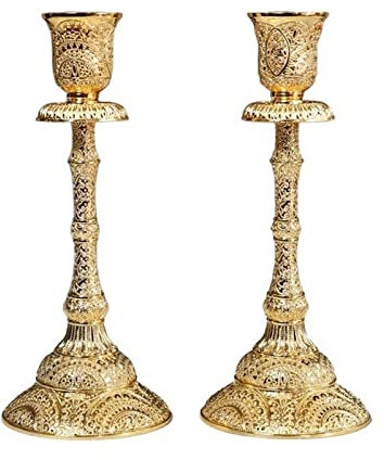HEXEH Kerzenhalterhalter 2-teiliges Kerzenständer-Ornament aus Metall, Einzelkopf, Heimdekoration, Kerzenhalter, geprägtes Muster, Kunsthandwerk Kandelaber (Color : Gold)