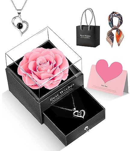 Geschenke für Sie Konservierte Rose Ewige Rose mit I Love You Halskette Gewige Rose Geschenkbox Ewige Echte Rose Blume Zum Muttertag Geburtstag Jahrestag Geschenkbox für Mutter Freundin Ehefrau (Rosa)