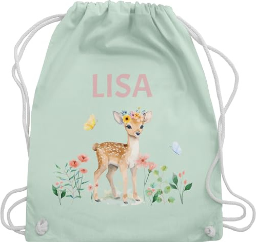 Turnbeutel Rucksack - Reh mit Name personalisiert I Rehkitz I Rehe - Unisize - Pastell Grün - und kindergartenrucksack tier blumen beutel kinder tiere sporttasche kindergarten tieren stoffbeutel