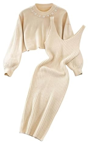 Knitted Dress for Women Two Piece Suit Pullover Top and Bodycon Set Jumper Dress Suspender Skirt Petite Style