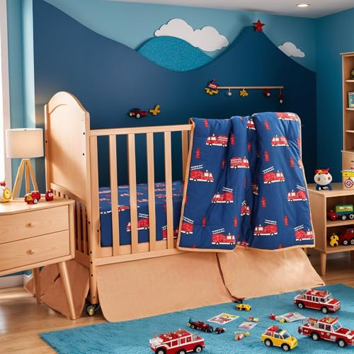 Brandream 3-teiliges Bettwäsche-Set für Kinderbett, Feuerwehrauto, Baby-Kinderzimmer-Bettwäsche, 100 % Baumwolle, Tröster-Set, Fahrzeug-Feuerwehrauto, bedruckt, atmungsaktiv, bequem, langlebig, Rot /