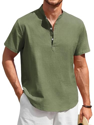 Enlision Camisas Lino Hombre Manga Corta Sin Cuello Mao Camisa Ibicenca para Hombres Verde Oliva Verano Casual Camisetas con Botónes Playa Ropa 3XL