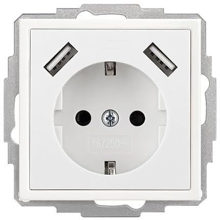 230V Steckdose mit 2 x USB-A bis 3.4 A, passend für Busch-Jaeger future® linear solo®, Studioweiß, Weiß (Steckdose mit 2 x USB-A)
