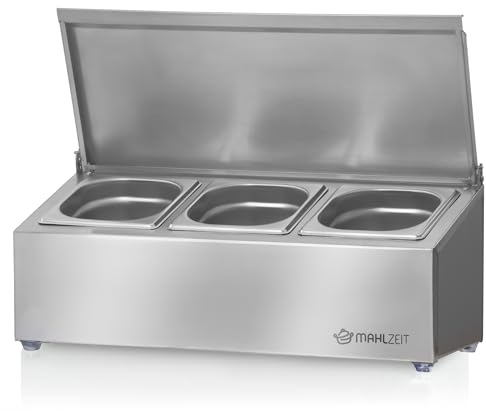 Mahlzeit Edelstahl Zutatenbehälter | 1/6 GN Catering Behälter mit Gummifüßen | Cocktail Zutatenbehälter Bar für Gastro, Küche, Pizza Station, Buffet Zubehör, Salatbar (3 x 1/6 GN Behälter)