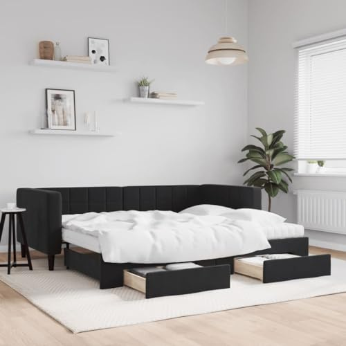 CKioict Palettenbett Modernes Bettgestell Jugendbett Tagesbett Ausziehbar mit Schubladen Schwarz 90x190 cm SamtGeeignet für Gästezimmer, B&Bs, Schlafzimmer