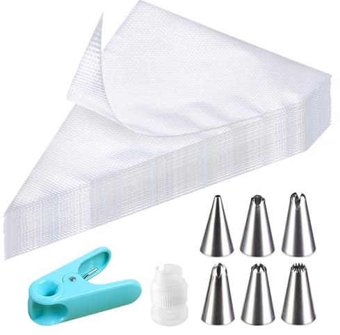 soodyoow 100 Piezas Mangas Pasteleras Desechables, Bolsas de Pastelería Mangas con 6 Boquillas Y 1 Convertidor Y 1 Pinza de Cocción, para Hornear Bizcocho, Galleta, Cupcake y Hojaldre