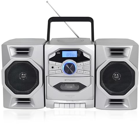 Emerson EPB-4000 - Boombox stereo portatile con CD e cassetta, radio AM/FM, colore: argento